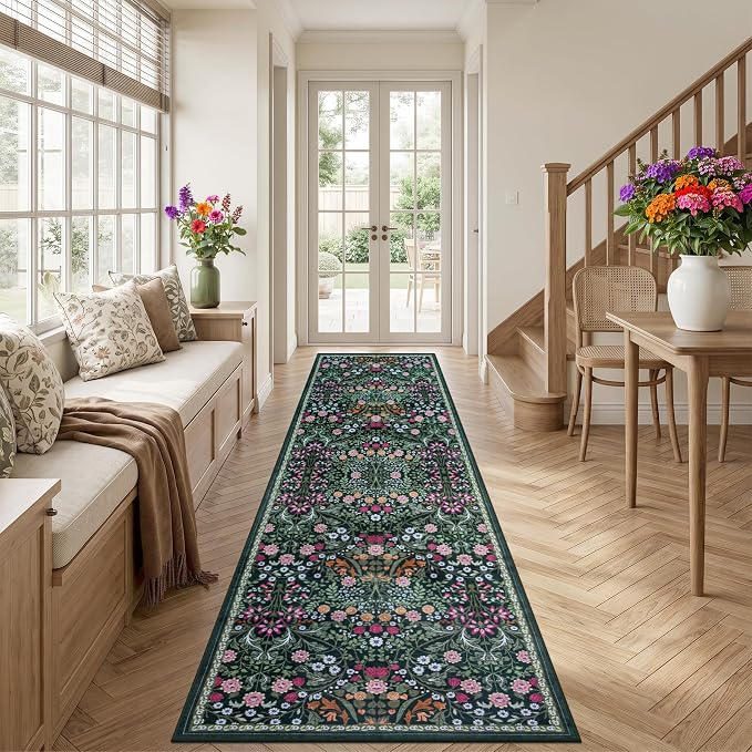 PLHXFR 2.6x14 Washable Runner Rug：Floral Indoor Kitchen Carpet Dark Green | - Image 3