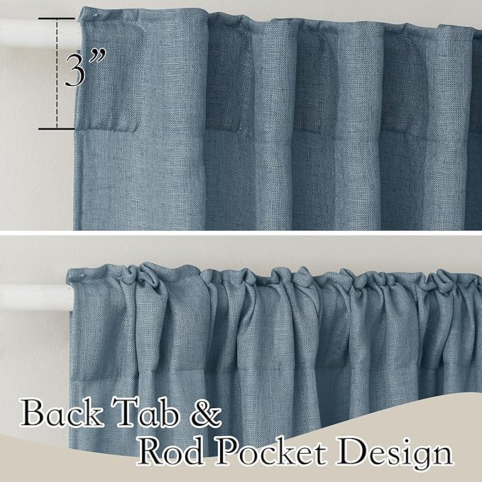 RYB HOME Stone Blue Semi Sheer Curtains, Natural Linen Blend Drapes Light Filtering Privacy Protected Back Tab Curtain Panels for Cottage Study Room Attic 52 x 72 inch, 2 Panels Set