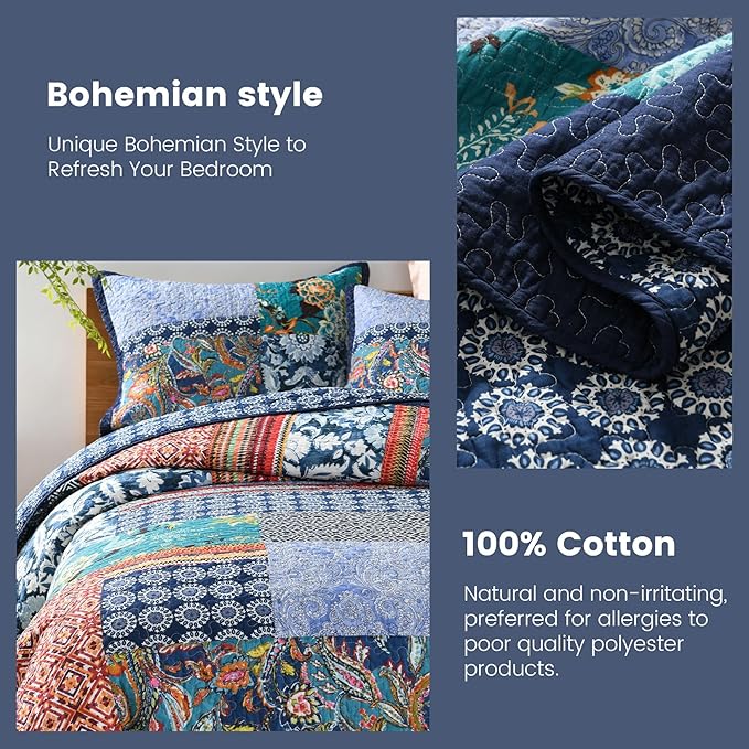 Secgo Queen Comforter Set for Bed - 100% Cotton Quilts Queen Size, Navy, Bohemia Bedspreads (90 * 98 Inch) with 2 Pillow Shams, Patchwork Reversible Lightweight Bedding