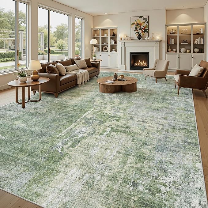 Soalmost 10x14 Area Rugs for Living Room Washable Rug Abstract Green/Ivory | - Image 2