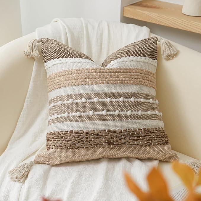 Brown Decorative Throw Pillow Cover 20x20 Square Boho Accent Pillowcase Tassels by BlissBlush