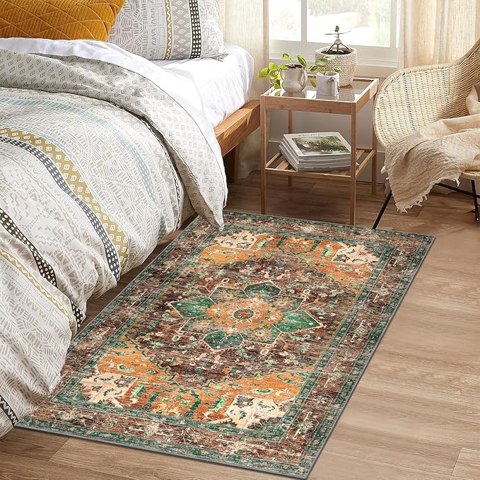 Yamaziot Washable Area Rug for Bedroom, 3x5 Non-Slip Boho Entryway Rug | Stain - Image 3