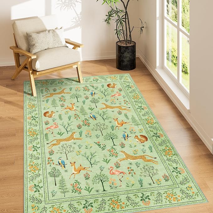 DUKINO 4x6 Area Rug, Non Slip Animal Washable Living Room Rug, Light Green | by DUKINO