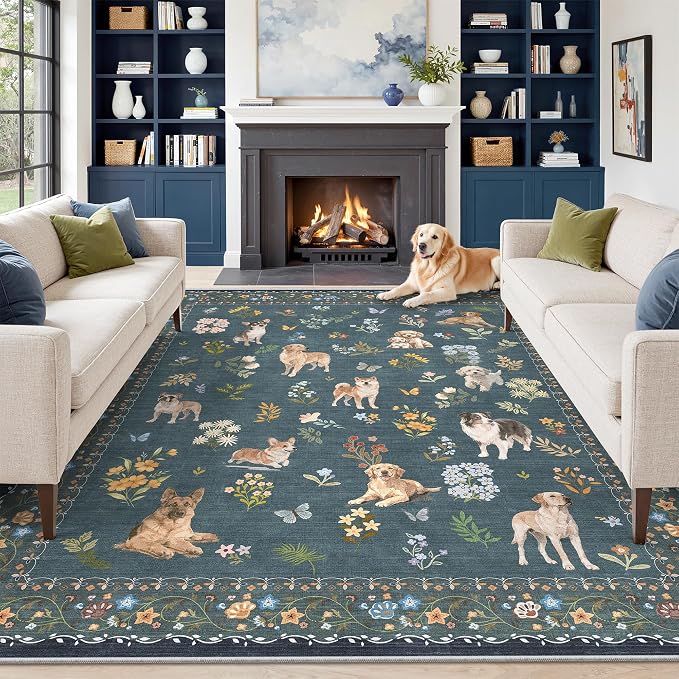 Soalmost Dog 8x10 Area Rugs for Living Room, Washable Soft Rug Navy Blue | by Soalmost