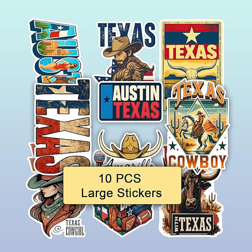 100 PCS Texas Travel Stickers Pack, Vinyl Waterproof Decals with Cowboy Boots Hats Longhorn Desert Cactus State Icons and City, Gift for Kids Teens Adults Wall Water Bottle Scrapbook Car Decor