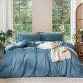 MooMee Bedding Duvet Cover Set 100% Washed Cotton Linen Like Textured Breathable Durable Soft Comfy (Heathered Peacock Blue, Super Queen 90"x98")