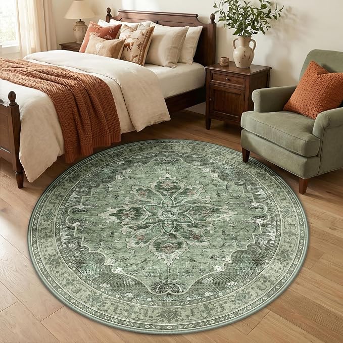 RELEANY Washable Area Rug, Round 5ft, Water Repellent, Pet Friendly, Vintage - Image 2