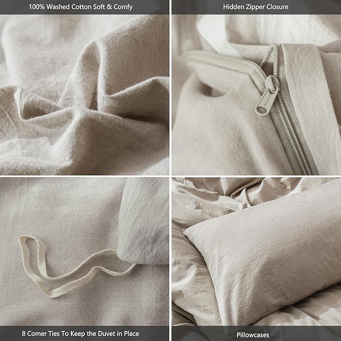 MooMee Bedding Duvet Cover Set 100% Washed Cotton Linen Like Textured Breathable Durable Soft Comfy (Heathered Tannish Linen Grey, Cal King 104"x98")