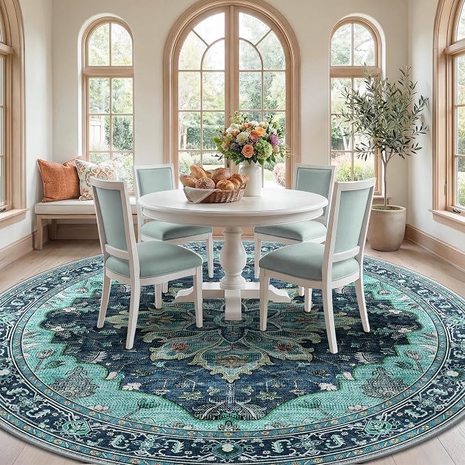 RELEANY Washable Area Rug, Round 10ft, Teal | Non-Slip, Water Repellent - Image 3