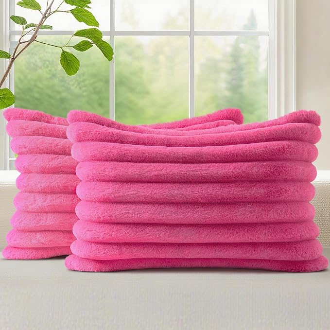 decorUhome Fall Faux Fur Throw Pillow Covers 12x20 Set of 2 Hot Pink | by decorUhome