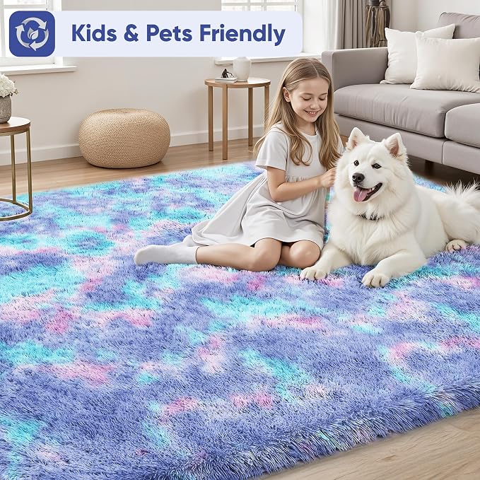 PLHXFR 8x10 Area Rugs Living Room: Fluffy Bedroom Soft Shag Rug Kid Rainbow | - Image 4