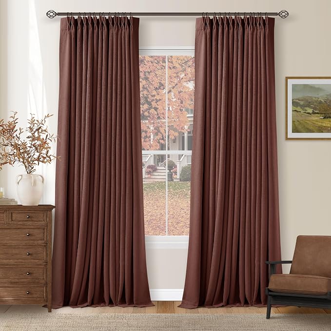 Brick Brown Pinch Pleated Blackout Linen Curtains 120 Inches Long | 100% Black by Twodrapes