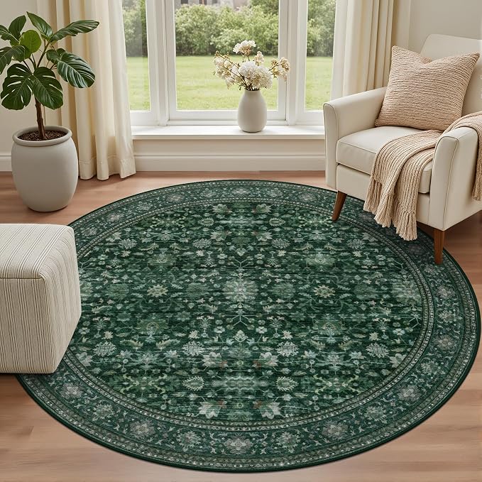 Round Area Rug for Living Room: 8ft Boho Washable Rug Deep Green | Vintage Boho - Image 2