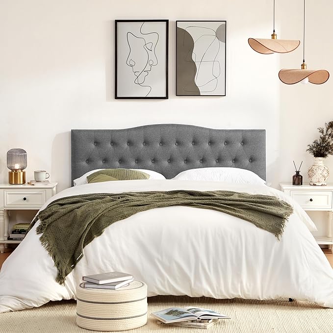 Tufted Upholstered Headboard Full Size, Sturdy and Durable Solid Wood Full XL headboard, Fabric Headboard Adjustable Height from 37” to 51”, Modern Button Diamond Design Head Board, Grey