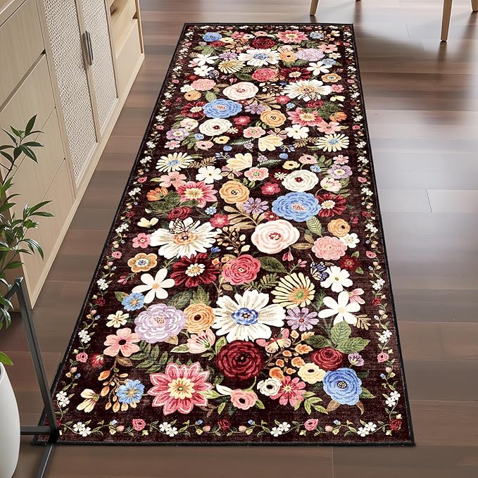Black Brown Floral Hallway Runner Rug 2x10 - Image 6