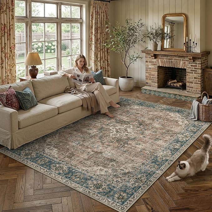 6x9 Blue Brown Retro Floral Washable Area Rug - Image 2