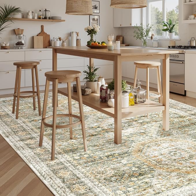 Soalmost Washable Area Rug 8x10 Large Soft Living Room Rugs Green/Orange | - Image 4