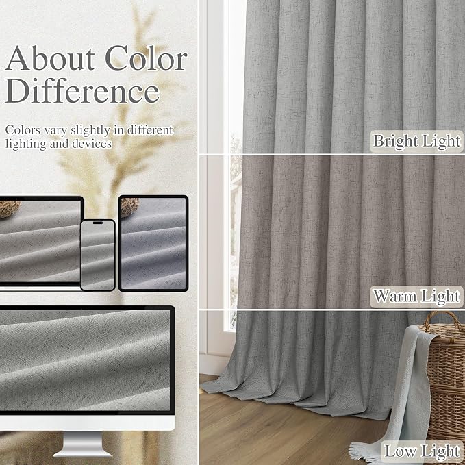 Dark Grey 100% Blackout Linen Curtains 63 Inch Length 2 Panels Set - Image 7