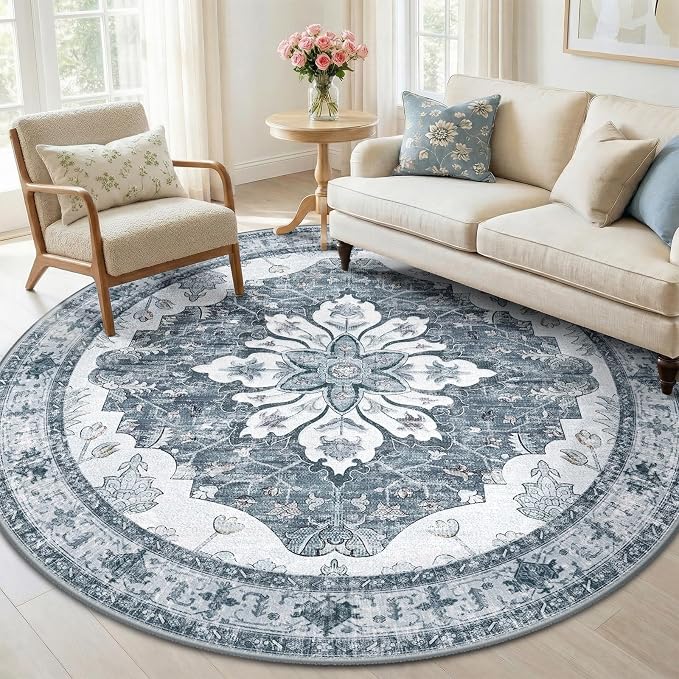 RELEANY Washable Area Rug, Round 6ft, Water Repellent, Pet Friendly, Vintage by RELEANY