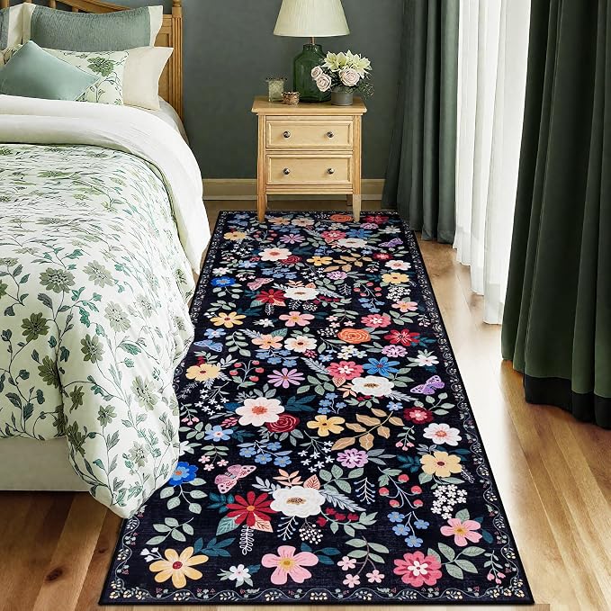PLHXFR 2x5 Washable Runner Rug：Floral Indoor Kitchen Soft Carpet Black | - Image 2