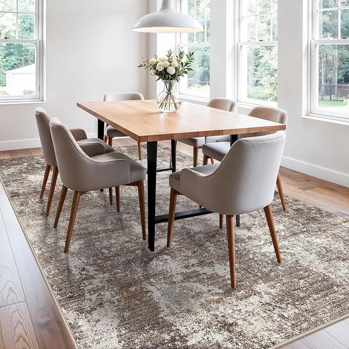 6x9 Area Rug Living Room Washable Neutral Brown Beige | Soft Low Pile Non Slip - Image 9