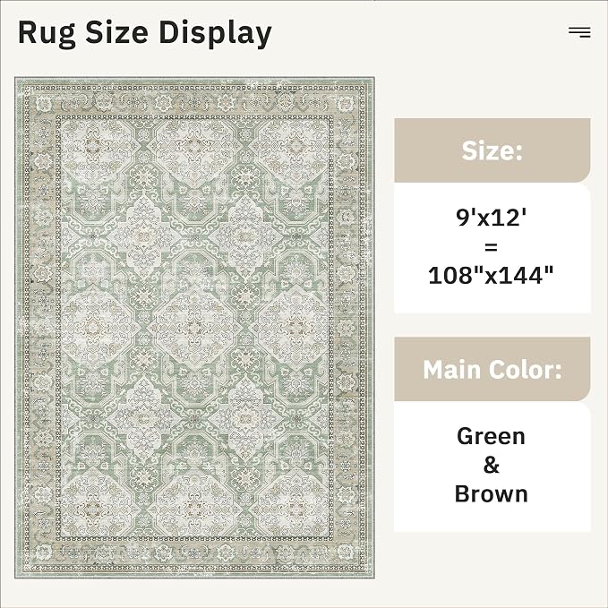 Soalmost 9x12 Area Rugs for Living Room Washable Rug Non-Slip Green/Brown | - Image 5
