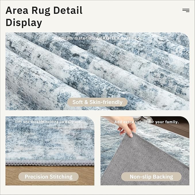 Soalmost 12x15 Washable Area Rugs Soft Living Room Rug Abstract Blue/Grey | - Image 6