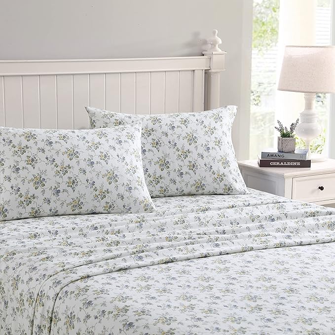 Laura Ashley - Flannel Sheets Twin Size, Anti-Pilling & Wrinkle Resistant Cotton, Touchably Soft for All-Season Comfort - Bed Sheets with Matching Pillowcase & Fitted Sheet (Le Fleur Cottage Blue)