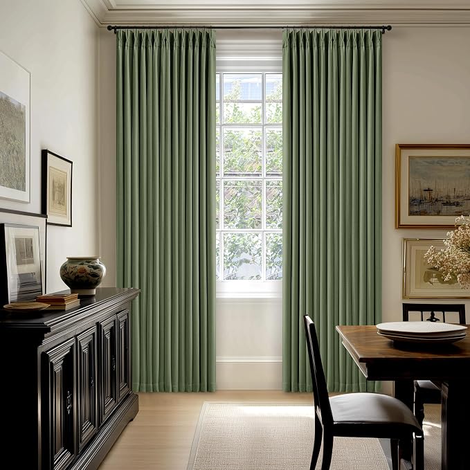 84 Inch Olive Green Linen Pinch Pleated Blackout Curtains Dual Layer | 100% - Image 8