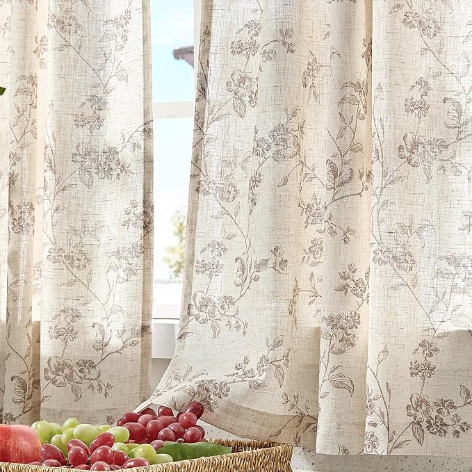 Taupe on Beige Linen Kitchen Curtains Rod Pocket 26W X 24L 2 Panels | Elisa - Image 8