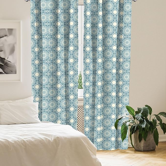 Ambesonne Circle Pattern Window Curtains, Wavy Bold Strokes Style Ornate Mandala Like Symmetrical Motif, Lightweight Decor 2-Panel Set with Rod Pocket, Pair of - 28" x 84", Petrol Blue Cream