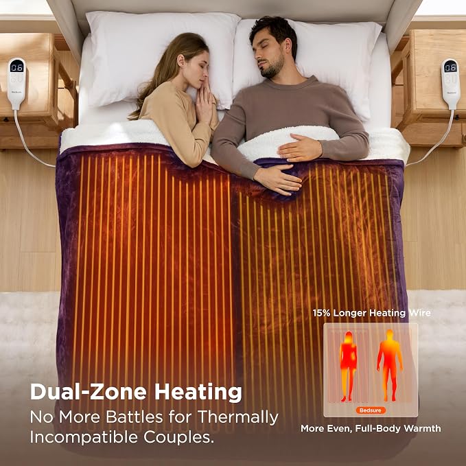 Bedsure Heated Blanket Queen Size, Dual Control Electric Blanket, 6 Heat/6 - Image 3