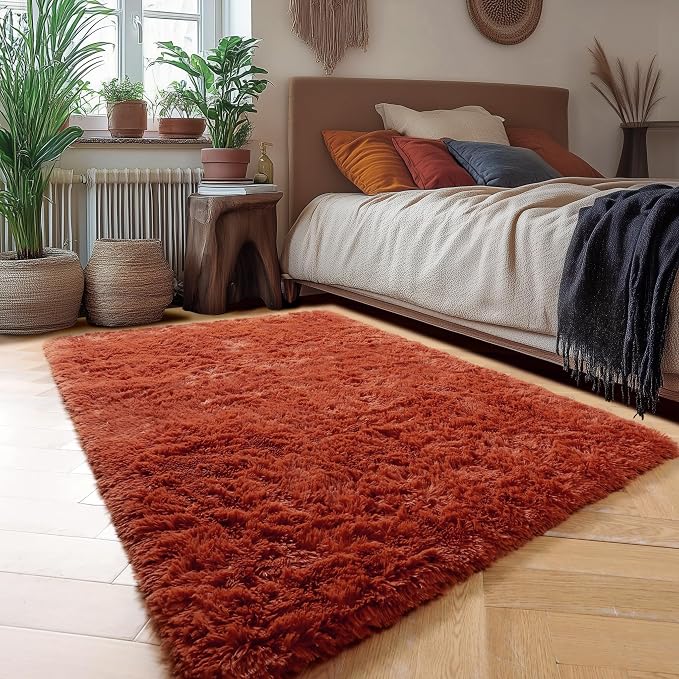 Amdrebio Terracotta Rust Furry Area Rug 5x7 - Image 5