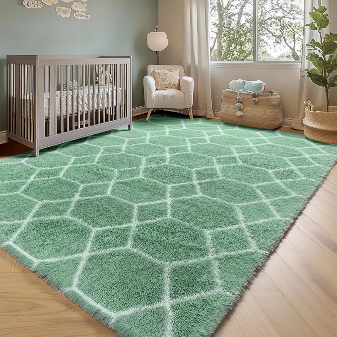 Area Rugs for Living Room, 5x8 Fluffy Sage Green and White Bedroom Rug | - Image 7