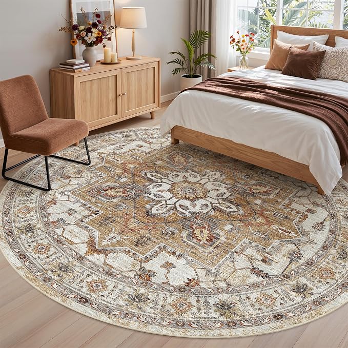 Madane Washable 9ft Circle Round Rug, 9x9 Circular Area Rugs, Turmeric/Grey | - Image 3