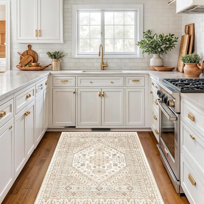 3x5 Washable Area Rug for Entryway Non Slip Rugs, Cream/Beige | Vintage Kitchen - Image 4