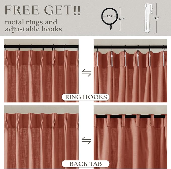 Firebrick 80 Inch Pinch Pleated Light Filtering Linen Curtains 2 Panels | Boho - Image 5