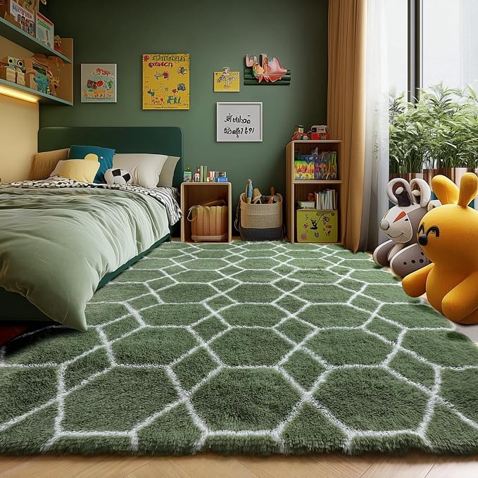 6x9 Area Rugs for Living Room Bedroom, Fluffy Olive Green and White Rug | - Image 6