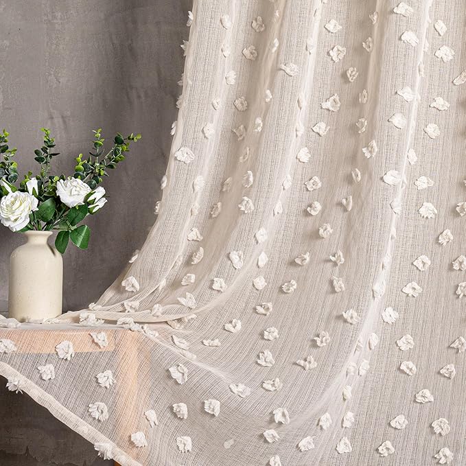 MYSKY HOME Pom Pom Beige Sheer Curtains for Bedroom Girls Room Curtains 108 Inches Long for Nursery Kids Light Filtering Boho Window Drapes, Rod Pocket, 52" Wide, 2 Panels