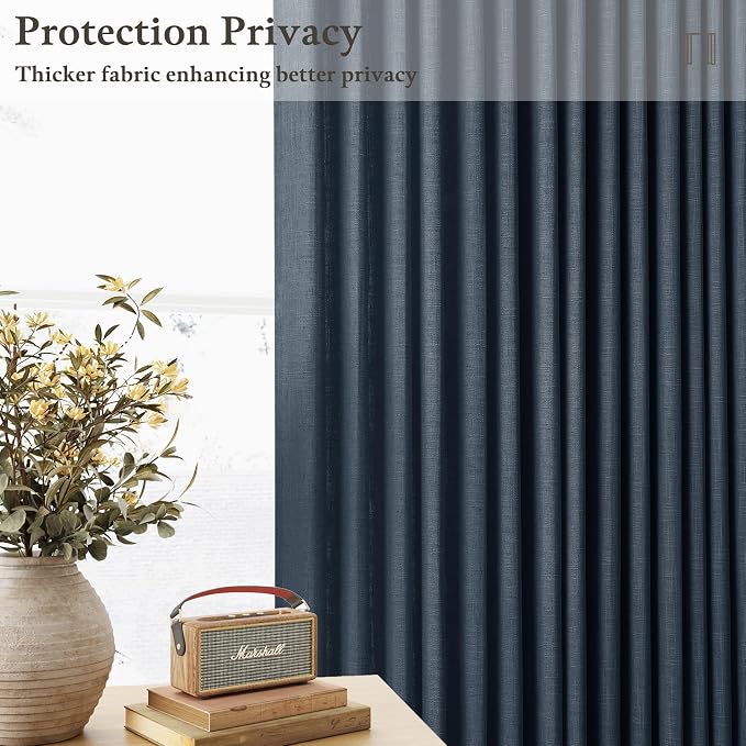 90 Inch Pinch Pleated Linen Light Filter Memory Shaped Navy Blue Curtains | - Image 6