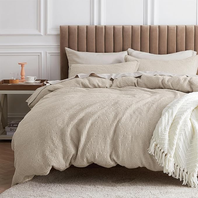Bedsure Cotton Duvet Cover King - 100% Cotton Waffle Weave Beige Duvet Cover King Size, GentleSoft™ and Breathable Bedding Set for All Season, 3 Pieces, 104"x90"