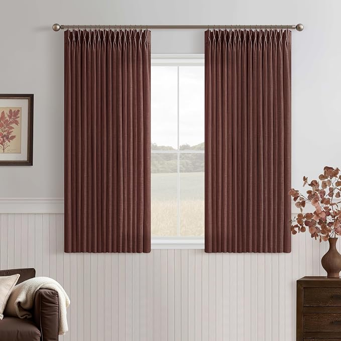 Short Linen Pleated Reddish Brown Semi Sheer Curtains 45 Inch Long 2 Panels | by Twodrapes