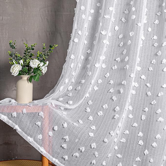 MYSKY HOME Pom Pom White Sheer Curtains for Bedroom Girls Room Curtains 63 inch Length for Nursery Kids Light Filtering Boho Window Drapes, Rod Pocket, 38" Wide, 2 Panels