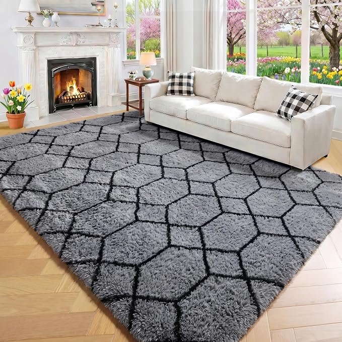 6x9 Area Rugs for Living Room Bedroom, Fluffy Grey and Black Geometric Rug | - Image 6