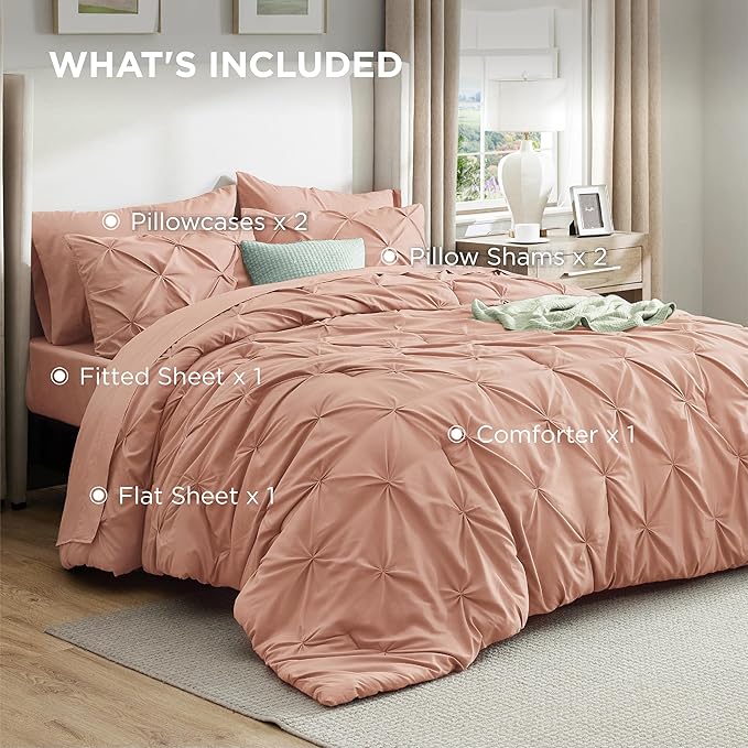 Bedsure Queen Comforter Set Dusty Pink - Bed in a Bag Queen Size Bedding 7 Pieces, GentleSoft™ Pintuck Bed Set Gift for Family, Pinch Pleat All Season Comforter with Sheets, Pillowcases & Shams