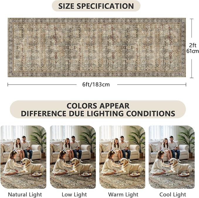 2x6 Hallway Runner Rug, Washable Vintage Retro Long Runner Rugs - Image 2