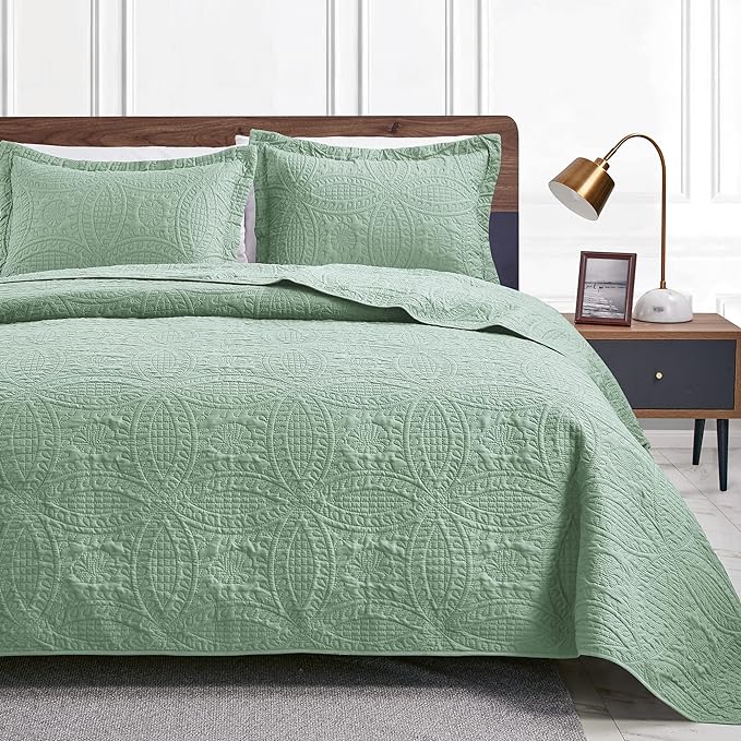 Love's cabin Quilts for Full Bed Sage Bedspreads Bedding Set - Lightweight Bedspread Comforter - Coin Pattern Bedding Coverlet for All Season - 3 Pieces (1 Quilt, 2 Pillow Shams)