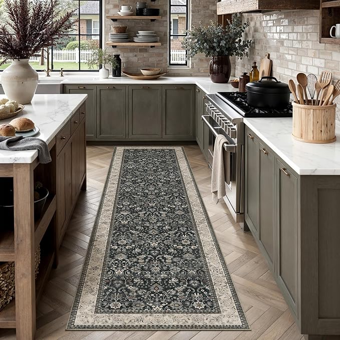 2x6 Black Beige Vintage Floral Washable Runner Rug - Image 3