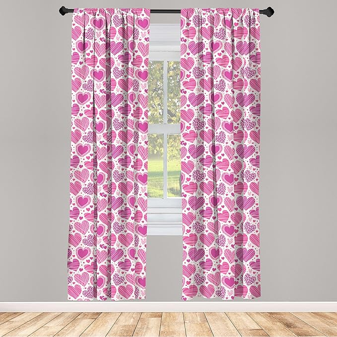 Ambesonne Valentines Window Curtains, Romantic Heart Shapes with Many Different Designs Polka Dots Crossed Lines, Lightweight Decorative Panels Set of 2 with Rod Pocket, 56" x 84", Pink White