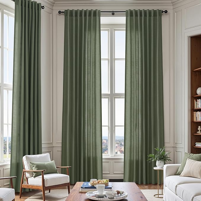 Olive Green Linen Blend Semi Sheer Curtains 108 Inches Long x 60 Inches Wide - Image 7
